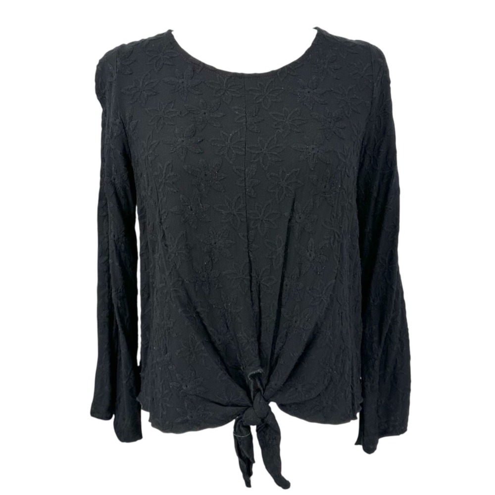 NOA ELLE Tie Waist Top Cut-Out Flare Sleeves Black Embroidered Floral Women's XS